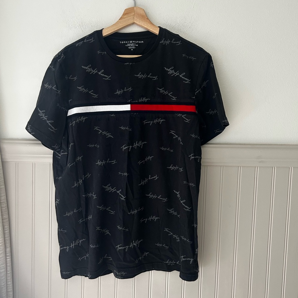 Tommy Hilfiger Medium Black Tee with Red and White Stripe